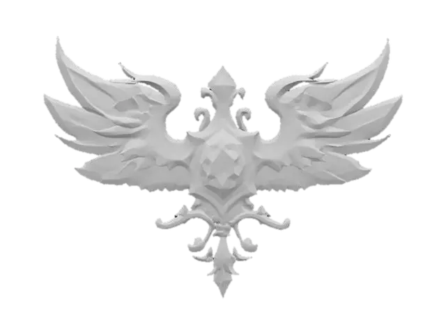 3D model for #emblem# fantasy-themed 3D emblem with gold, gemstones, and ornate wings, inspired by RPG game guild icons