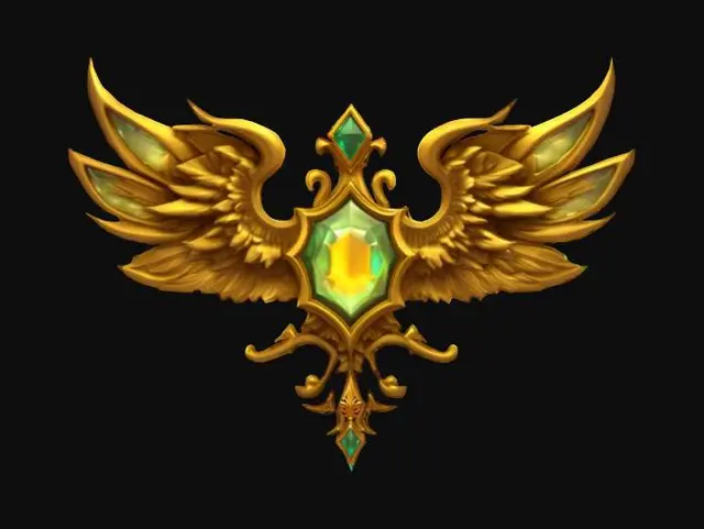3D model for #emblem# fantasy-themed 3D emblem with gold, gemstones, and ornate wings, inspired by RPG game guild icons