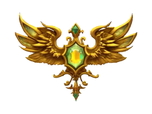 3D model for #emblem# fantasy-themed 3D emblem with gold, gemstones, and ornate wings, inspired by RPG game guild icons