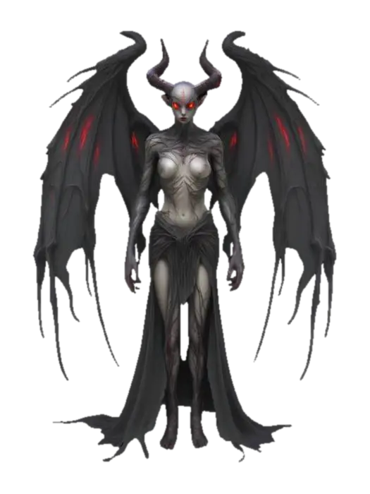 3D model for A sinister fairy with jagged wings and glowing red eyes, lurking in a dark, eerie forest filled with twisted trees and ominous shadows., #fairy#