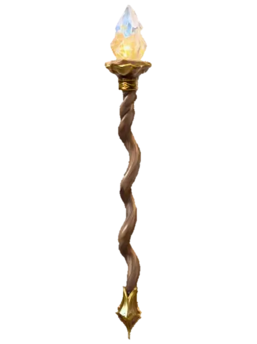 Mystic mage staff, twisted wood intertwined with glowing crystal shards, golden… 3D model, vytvořený pomocí AI