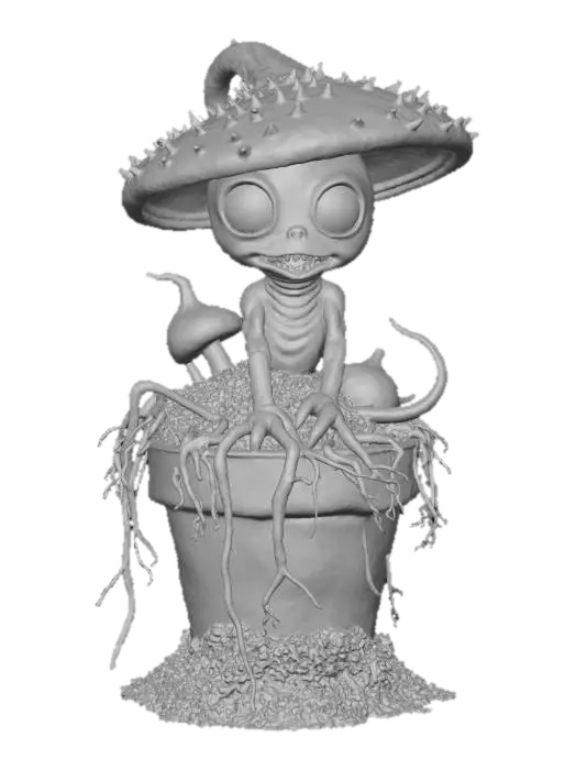 3D model for #Halloween2025# A mischievous, animated mandrake root with a mushroom cap for a head, its eyes glowing with a wicked green light, attempting to escape from a clay pot filled with dark soil and moss.