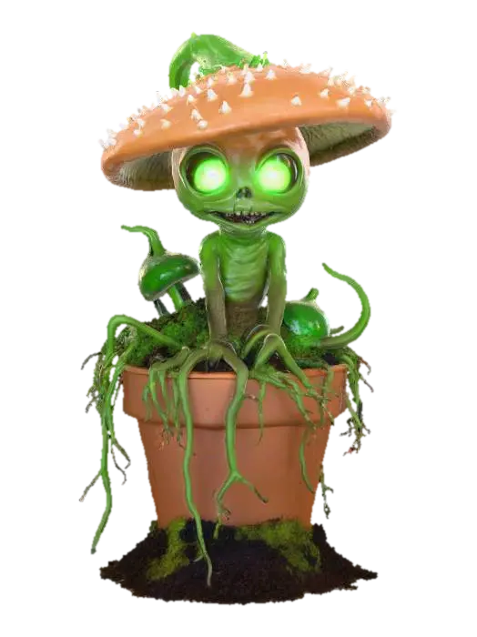 3D model for #Halloween2025# A mischievous, animated mandrake root with a mushroom cap for a head, its eyes glowing with a wicked green light, attempting to escape from a clay pot filled with dark soil and moss.