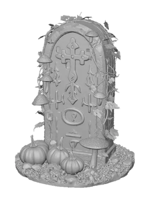 3D model for #Halloween2025# An ancient, rune-carved stone tablet, entwined with pumpkin vines bearing fist-sized pumpkins. Next to each pumpkin grows a cluster of small, vividly colored magic mushrooms, seemingly guarding a profound, arcane secret.