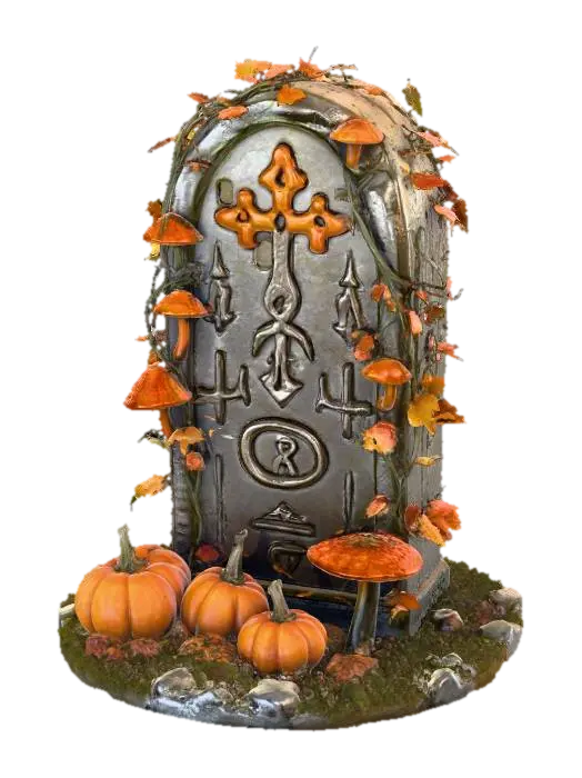3D model for #Halloween2025# An ancient, rune-carved stone tablet, entwined with pumpkin vines bearing fist-sized pumpkins. Next to each pumpkin grows a cluster of small, vividly colored magic mushrooms, seemingly guarding a profound, arcane secret.