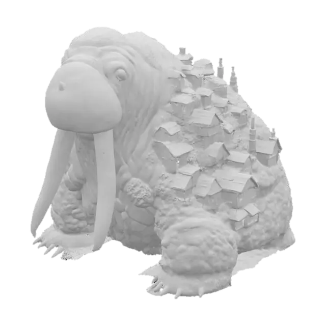3D model for [Greenland] A massive moss-covered walrus titan, so ancient that an entire village is built upon its back — magical realism style #AroundTheWorld#