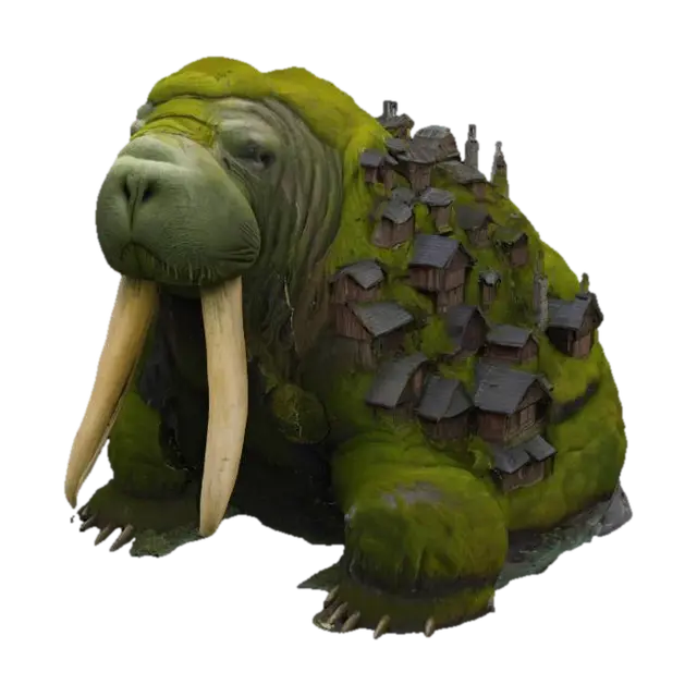 3D model for [Greenland] A massive moss-covered walrus titan, so ancient that an entire village is built upon its back — magical realism style #AroundTheWorld#