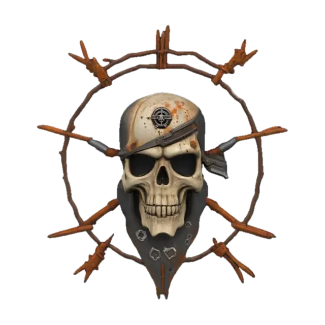 3D model for #emblem# post-apocalyptic 3D emblem with rust, bullet holes, and survival gear motifs