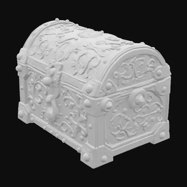 3D model for A magical chest made of bronze, featuring intricate relief patterns and dark red rust spots, with a metal latch shimmering with mysterious light.