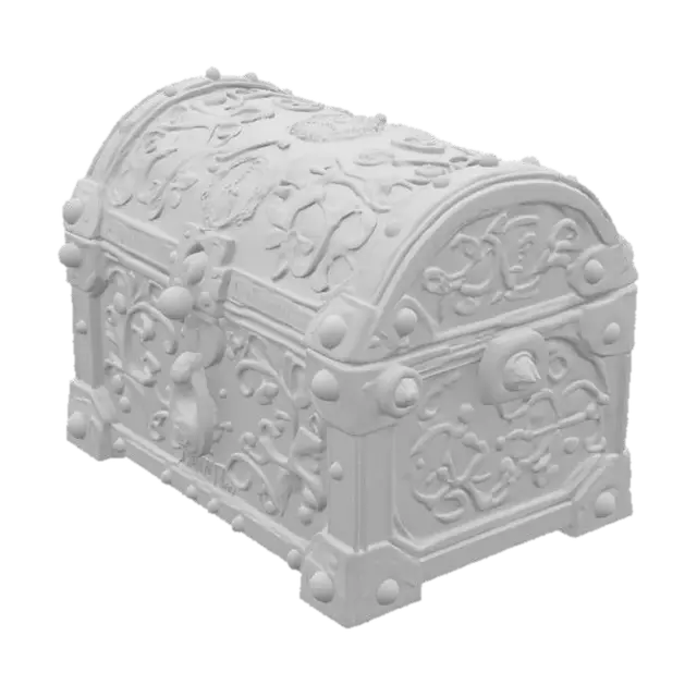 3D model for A magical chest made of bronze, featuring intricate relief patterns and dark red rust spots, with a metal latch shimmering with mysterious light.