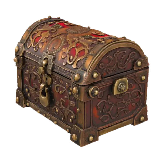 3D model for A magical chest made of bronze, featuring intricate relief patterns and dark red rust spots, with a metal latch shimmering with mysterious light.