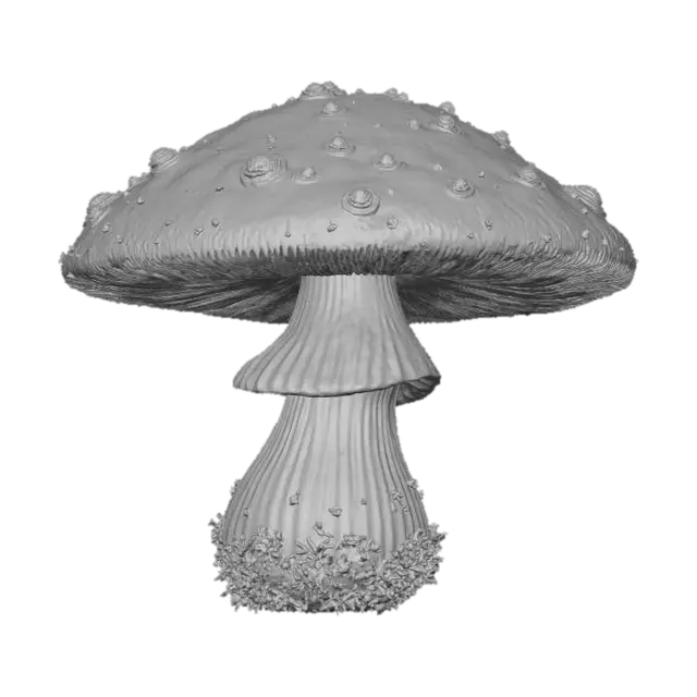3D model for #Halloween2025#, A rusty-hued mushroom sprite, with a wide, uneven cap of deep terracotta orange, exhibiting subtle metallic sheen and patination. Its sturdy, cylindrical body is a mottled brown, textured like weathered iron. Small, metallic-looking spores cling to its form. The overall feel is antique and robust, like an ancient, forgotten sentinel of a mineral-rich forest.