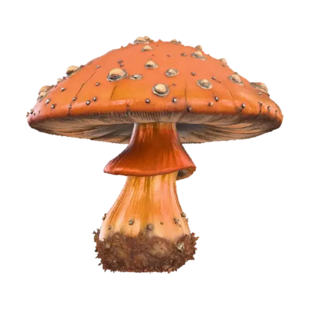 3D model for #Halloween2025#, A rusty-hued mushroom sprite, with a wide, uneven cap of deep terracotta orange, exhibiting subtle metallic sheen and patination. Its sturdy, cylindrical body is a mottled brown, textured like weathered iron. Small, metallic-looking spores cling to its form. The overall feel is antique and robust, like an ancient, forgotten sentinel of a mineral-rich forest.