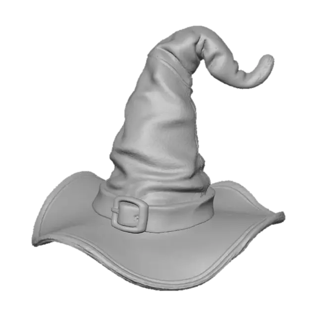 3D model for #Halloween2025#, A playfully puffy, plush witch's hat, made from soft, deep purple chenille that feels wonderfully soft to the touch. The pointed crown and wide brim are both generously stuffed, giving the hat a charmingly squishy and slightly floppy form. A fluffy, orange felt band wraps around the base, adorned with a soft, embroidered silver buckle.