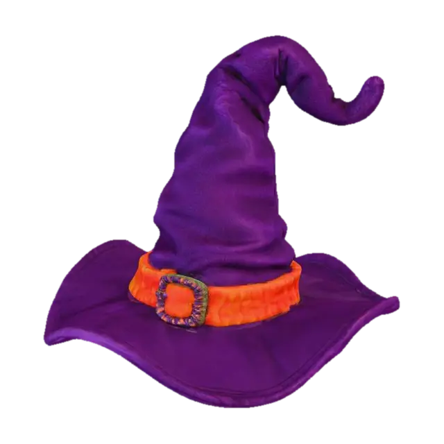 3D model for #Halloween2025#, A playfully puffy, plush witch's hat, made from soft, deep purple chenille that feels wonderfully soft to the touch. The pointed crown and wide brim are both generously stuffed, giving the hat a charmingly squishy and slightly floppy form. A fluffy, orange felt band wraps around the base, adorned with a soft, embroidered silver buckle.