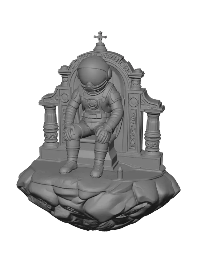 3D model for A mysterious stylized Cosmic Astronaut Shrine on a floating asteroid drifting through deep space. At its center stands an ancient astronaut statue wearing a cracked futuristic spacesuit with a glowing blue visor and weathered gold details. Floating stone pillars, broken satellite fragments, orbiting asteroids, glowing crystals, cosmic runes, suspended stairways, celestial arches, holographic symbols, ancient altar, blue energy beams, nebula clouds, distant planets, sparkling stars, and floating debris create a forgotten civilization. Cinematic lighting, high-quality PBR materials, clean topology, AAA game-ready asset, Unreal Engine 5, ArtStation quality, collectible sci-fi fantasy diorama.