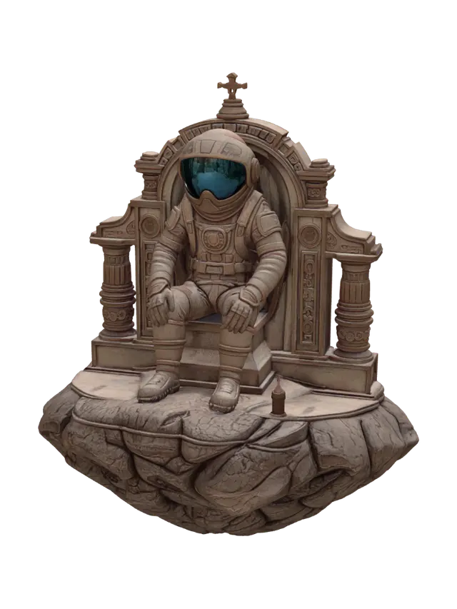 3D model for A mysterious stylized Cosmic Astronaut Shrine on a floating asteroid drifting through deep space. At its center stands an ancient astronaut statue wearing a cracked futuristic spacesuit with a glowing blue visor and weathered gold details. Floating stone pillars, broken satellite fragments, orbiting asteroids, glowing crystals, cosmic runes, suspended stairways, celestial arches, holographic symbols, ancient altar, blue energy beams, nebula clouds, distant planets, sparkling stars, and floating debris create a forgotten civilization. Cinematic lighting, high-quality PBR materials, clean topology, AAA game-ready asset, Unreal Engine 5, ArtStation quality, collectible sci-fi fantasy diorama.