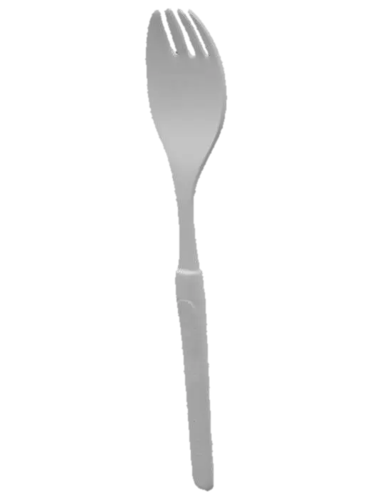 3D model for 生成一个户外使用的带叉子功能的勺子，长度在10cm以内，勺把上面有一个刻度尺