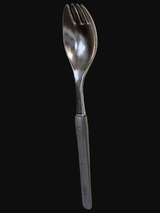 3D model for 生成一个户外使用的带叉子功能的勺子,长度在10cm以内,勺把上面有一个刻度尺