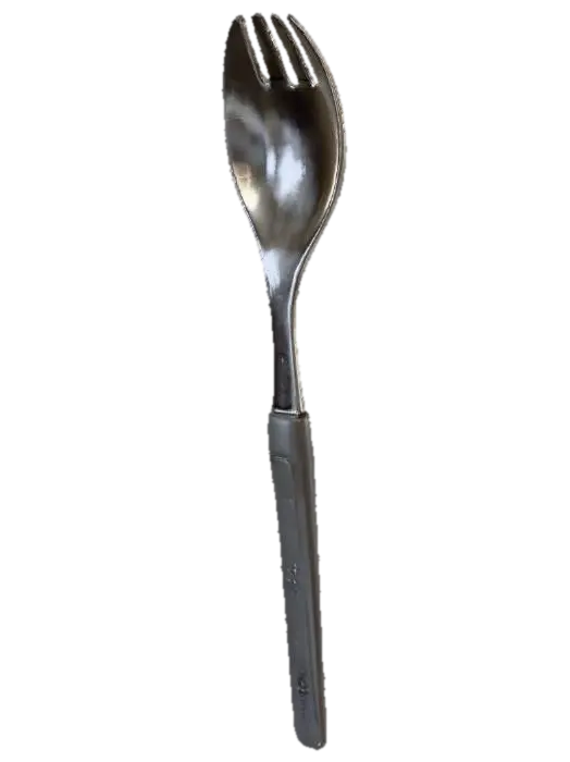 3D model for 生成一个户外使用的带叉子功能的勺子，长度在10cm以内，勺把上面有一个刻度尺