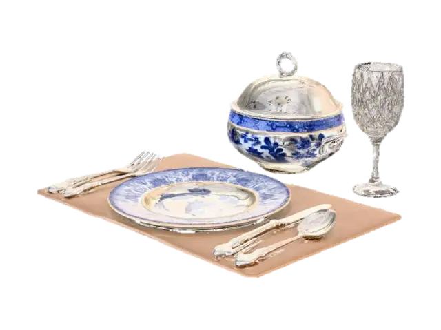 traditional chinoiserie fine china table setting, plate, chaffing dish,… - Silverware 3D model, vytvořený pomocí AI