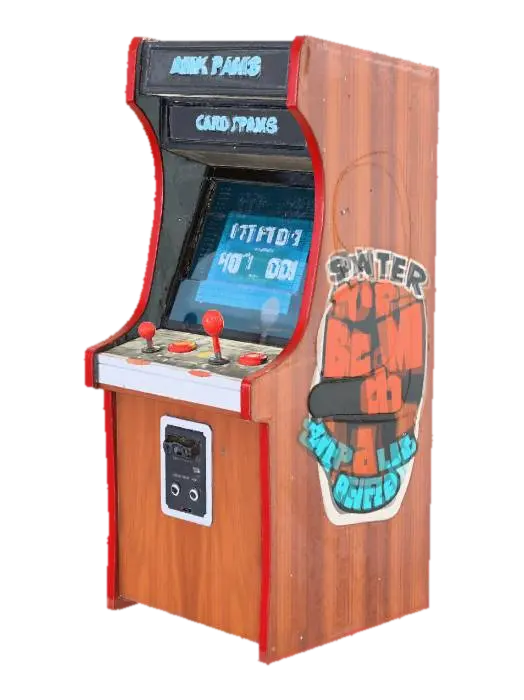 Yıpranmış laminat ahşaptan yapılmış, canlı kırmızı ve mavi yan resimlere sahip,… - Joystick 3D model, vytvořený pomocí AI