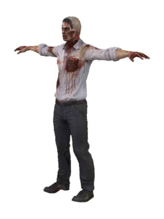 Modèle 3D male office worker zombie, blood stains, torn skin, scars, dressed in office shirt and…, généré par IA