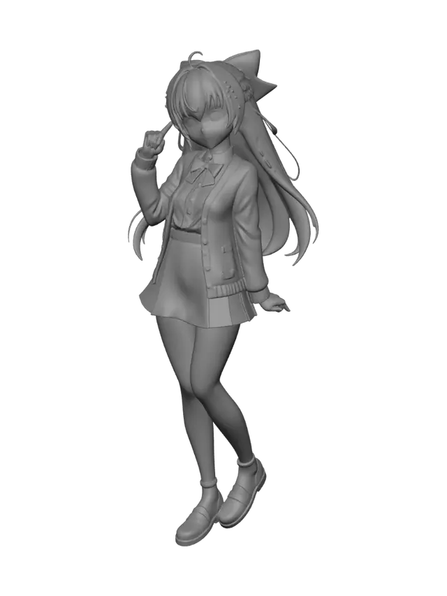 3D model for anime girl character in school uniform with lavender hair, red bow, navy cardigan, white skirt and brown shoes