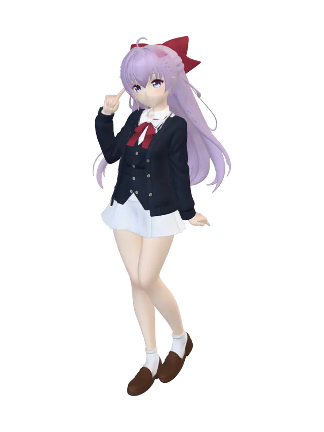 3D model for anime girl character in school uniform with lavender hair, red bow, navy cardigan, white skirt and brown shoes