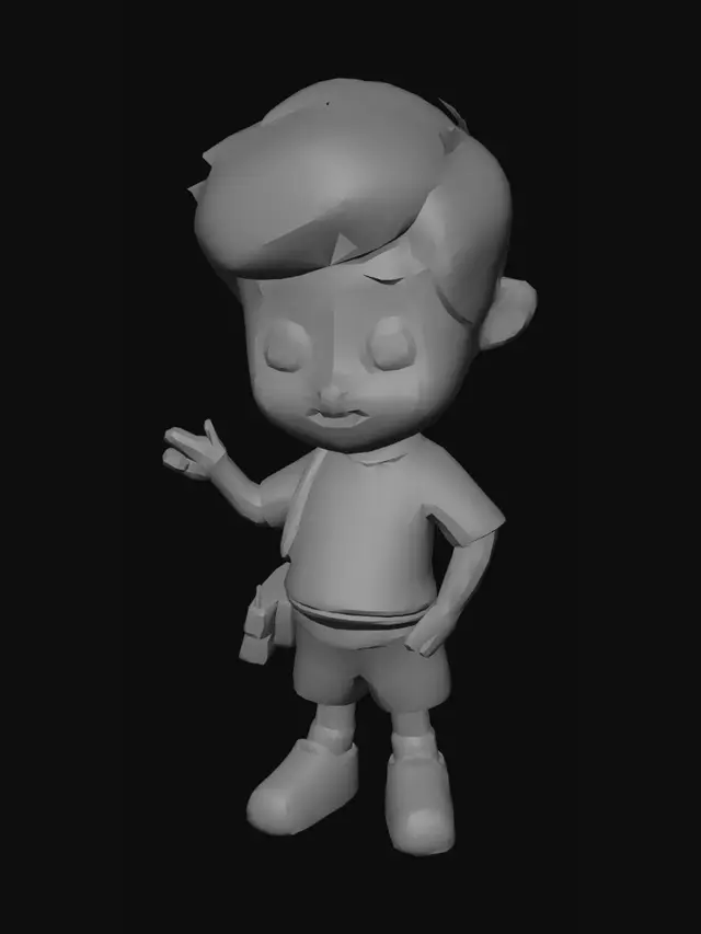 3D model for cute cartoon Filipino boy, 8 years old, short black hair, wearing simple colorful shirt and shorts, big round friendly eyes, full body, A-pose, low poly, game ready