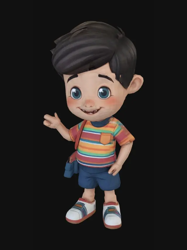3D model for cute cartoon Filipino boy, 8 years old, short black hair, wearing simple colorful shirt and shorts, big round friendly eyes, full body, A-pose, low poly, game ready