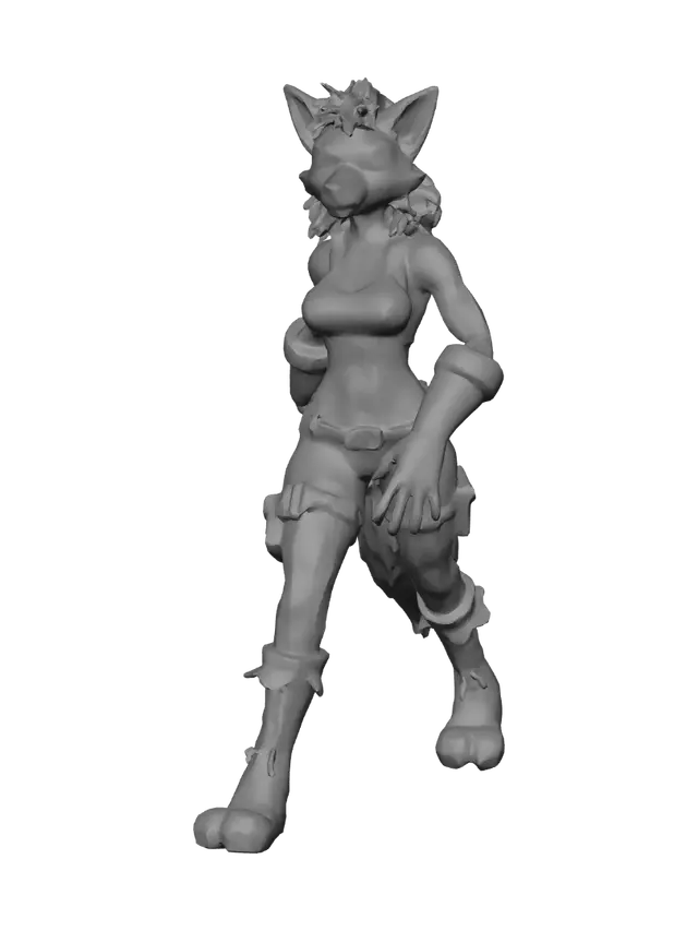 3D model for a female fox character named "JIGGY" She has a muscular build with exaggerated proportions, fierce oversized eyes, and a vibrant punk-inspired mohawk. Her ripped crop top showcases band patches, paired with baggy camo cargo pants and combat boots adorned with spikes. Her fur features intricate graffiti patterns in electric green, hot yellow, and neon red, embodying a gritty, hyper-detailed cartoon style influenced by pop surrealism.