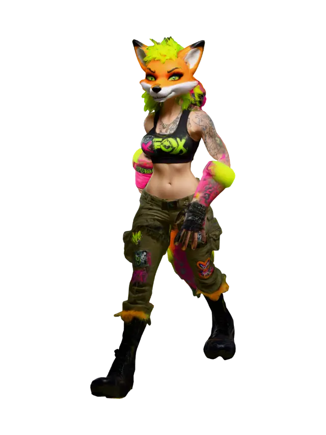 3D model for a female fox character named "JIGGY" She has a muscular build with exaggerated proportions, fierce oversized eyes, and a vibrant punk-inspired mohawk. Her ripped crop top showcases band patches, paired with baggy camo cargo pants and combat boots adorned with spikes. Her fur features intricate graffiti patterns in electric green, hot yellow, and neon red, embodying a gritty, hyper-detailed cartoon style influenced by pop surrealism.