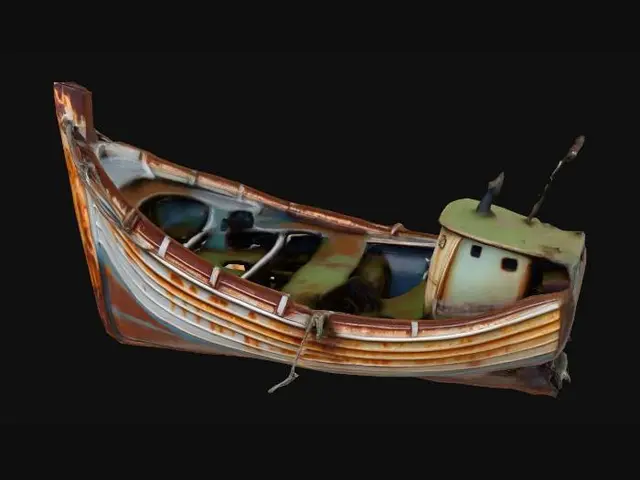 3D model for the rusted remains of a sunken metal fishing boat lying amongst rocks