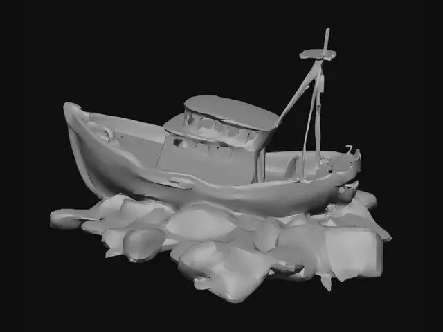 3D model for the rusted remains of a sunken metal fishing boat lying amongst rocks