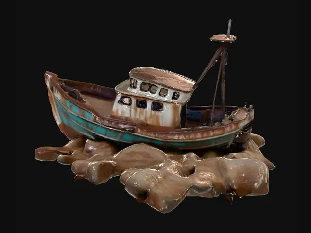 3D model for the rusted remains of a sunken metal fishing boat lying amongst rocks
