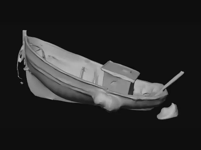 3D model for the rusted remains of a sunken small metal fishing boat lying wrecked on its side