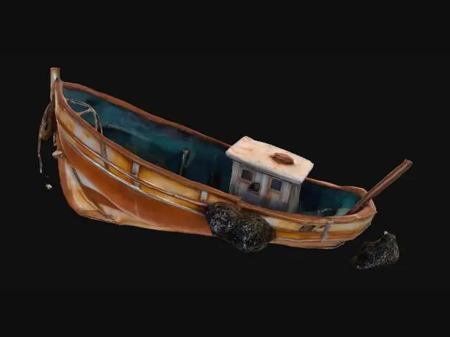 3D model for the rusted remains of a sunken small metal fishing boat lying wrecked on its side