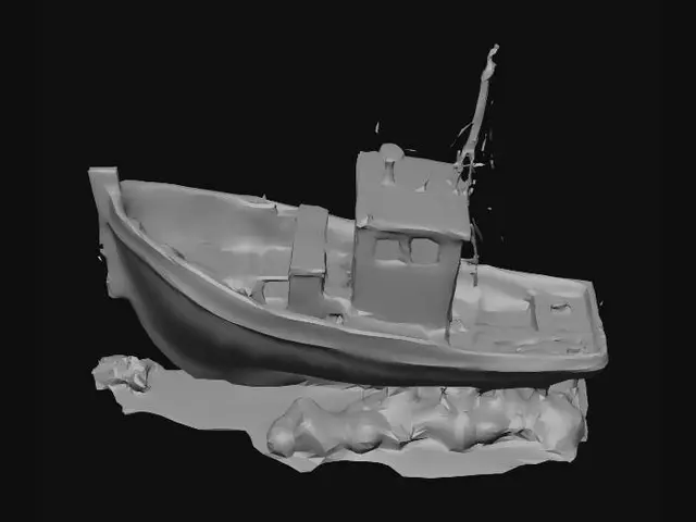 3D model for the rusted remains of a sunken small metal fishing boat lying wrecked on its side