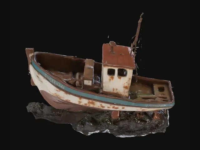 3D model for the rusted remains of a sunken small metal fishing boat lying wrecked on its side