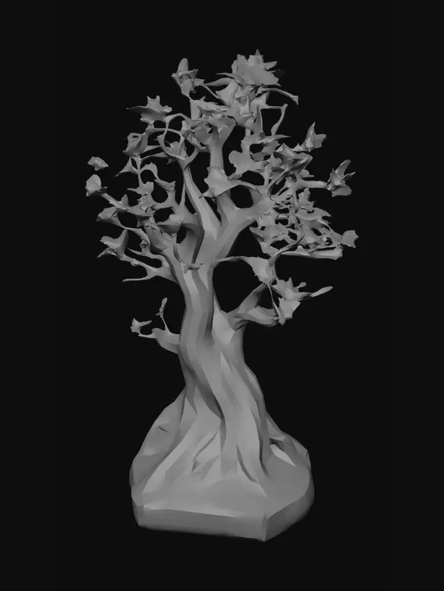 3D model for A sturdy tree made of jagged obsidian and gold veined white marble