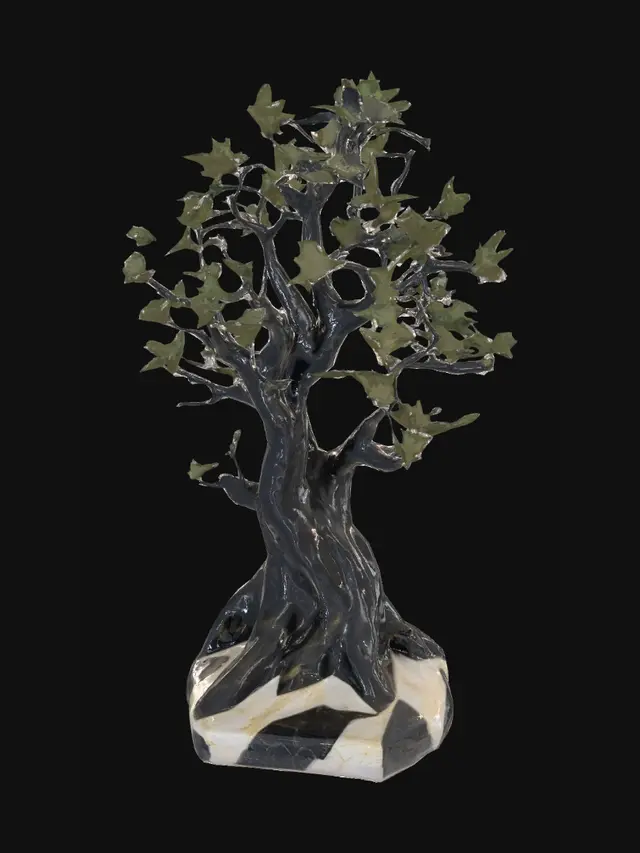 3D model for A sturdy tree made of jagged obsidian and gold veined white marble