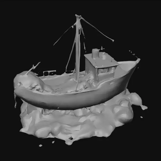 3D model for the rusted remains of a sunken metal fishing boat lying amongst rocks