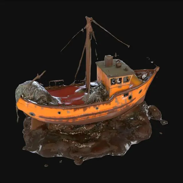 3D model for the rusted remains of a sunken metal fishing boat lying amongst rocks