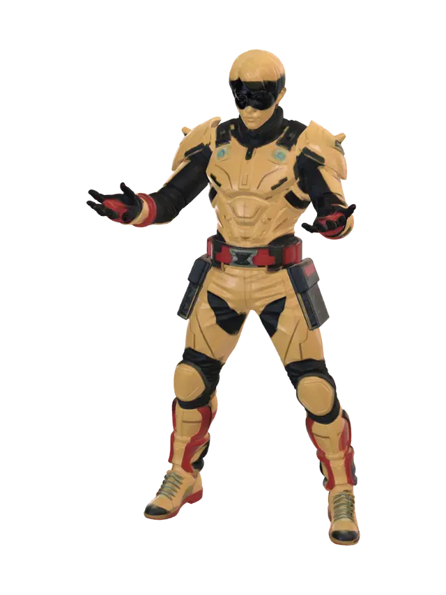 3D model for Design a motor cycle outfit in the style that Bruce Lee made famous (and later homaged by Uma Thurman in Kill Bill). However, I want you to use yellow, red, and black and to achieve a very stylish combination of these colors.
give me a game-ready, photo-realistic render on a white background with front- and back-facking A-poses. We don't want Bruce Lee himself represented so we'll have the helmet on and the face and hair unseen. We want this to be a military garb, a battle-ready soldier's aromored suit, so let's beef it up a bit.