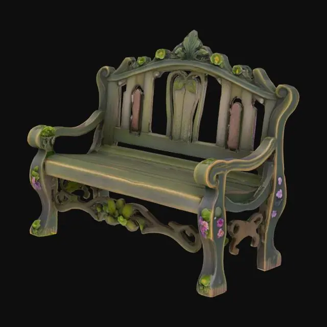 3D model for A charming, miniature garden bench surrounded by lush greenery, blooming flowers, and tiny decorative stones, styled in a whimsical and inviting fantasy aesthetic.