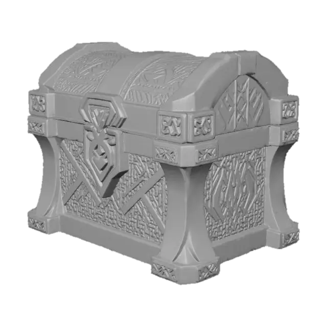 3D model for A formidable dwarven chest, carved entirely from a dense, dark grey stone, likely granite or basalt. Its rectangular shape is robust and blocky, reinforced with thick, chiseled edges and prominent corner elements. The surface is predominantly rough and matte, revealing tool marks from its creation, but features intricate, deeply carved dwarven runes and geometric patterns along its sides and lid. It feels immensely heavy and cold to the touch, with the textured stone providing a solid, unyielding sensation.