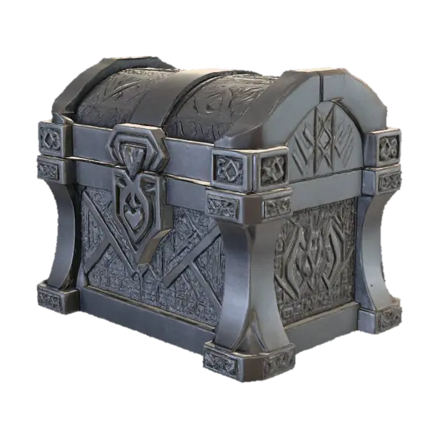 3D model for A formidable dwarven chest, carved entirely from a dense, dark grey stone, likely granite or basalt. Its rectangular shape is robust and blocky, reinforced with thick, chiseled edges and prominent corner elements. The surface is predominantly rough and matte, revealing tool marks from its creation, but features intricate, deeply carved dwarven runes and geometric patterns along its sides and lid. It feels immensely heavy and cold to the touch, with the textured stone providing a solid, unyielding sensation.