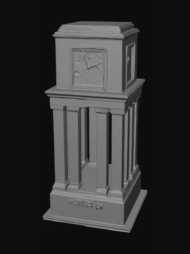 3D model for 郑州科技学院图书馆钟楼精准建模参数文档（总高20cm 可直接3D打印）
 
本模型严格按校园实景比例缩放，整体成品总高度 200mm（20cm），所有尺寸为固定精准数值，结构、比例、细节完全对标原版钟楼，建模输入参数即可一比一还原，打印成品辨识度百分百。
 
一、整体尺寸
 
模型总高：200mm
整体底座长宽：110mm × 110mm
整体结构分层：方形基座、六根立柱、方形钟体，三段对称垂直居中。
 
二、基座精准参数
 
基座高度：40mm
外形：标准正方体底座，四棱直角、平面绝对平整，无弧度、无花纹、无凹凸，通体哑光石材质感。
 
三、六根立柱精准参数（原版核心特征）
 
立柱总高：90mm
单根立柱直径：12mm
立柱数量：6根，均匀对称分布
立柱排布：前后对称、左右等距，外侧围成方形轮廓
柱顶、柱底：各有1mm细圆环收边（原版独有细节）
柱身：绝对正圆、笔直垂直、表面光滑无纹理，六根高度、粗细完全一致，间距均等，无误差。
 
四、上部钟体参数
 
钟体总高度：70mm
钟体外轮廓：正方体，长宽 110mm×110mm，和底座同宽，上下对齐垂直居中。
 
五、四面钟表精准复刻参数（原版一模一样）
 
单面方形表框外尺寸：80mm×80mm
表框厚度凸起：3mm
内嵌圆形钟面直径：72mm
钟面底色：纯白哑光
数字：1–12黑色粗体阿拉伯数字，均匀环形排布，数字高度8mm，粗细均匀
指针：仅时针、分针，无秒针；指针宽度2.5mm，厚实不易断，居中垂直安装
钟面内凹深度：2mm，还原原版内嵌层次感
写实建筑模型，总高20厘米，两层阶梯方形底座，四根光滑粗圆柱，正面一块圆形大钟，顶部为平整四方形平顶，无尖顶，无塔尖，无飞檐，整体方正简约，直角直线结构，石质外观