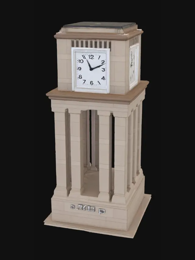 3D model for 郑州科技学院图书馆钟楼精准建模参数文档（总高20cm 可直接3D打印）
 
本模型严格按校园实景比例缩放，整体成品总高度 200mm（20cm），所有尺寸为固定精准数值，结构、比例、细节完全对标原版钟楼，建模输入参数即可一比一还原，打印成品辨识度百分百。
 
一、整体尺寸
 
模型总高：200mm
整体底座长宽：110mm × 110mm
整体结构分层：方形基座、六根立柱、方形钟体，三段对称垂直居中。
 
二、基座精准参数
 
基座高度：40mm
外形：标准正方体底座，四棱直角、平面绝对平整，无弧度、无花纹、无凹凸，通体哑光石材质感。
 
三、六根立柱精准参数（原版核心特征）
 
立柱总高：90mm
单根立柱直径：12mm
立柱数量：6根，均匀对称分布
立柱排布：前后对称、左右等距，外侧围成方形轮廓
柱顶、柱底：各有1mm细圆环收边（原版独有细节）
柱身：绝对正圆、笔直垂直、表面光滑无纹理，六根高度、粗细完全一致，间距均等，无误差。
 
四、上部钟体参数
 
钟体总高度：70mm
钟体外轮廓：正方体，长宽 110mm×110mm，和底座同宽，上下对齐垂直居中。
 
五、四面钟表精准复刻参数（原版一模一样）
 
单面方形表框外尺寸：80mm×80mm
表框厚度凸起：3mm
内嵌圆形钟面直径：72mm
钟面底色：纯白哑光
数字：1–12黑色粗体阿拉伯数字，均匀环形排布，数字高度8mm，粗细均匀
指针：仅时针、分针，无秒针；指针宽度2.5mm，厚实不易断，居中垂直安装
钟面内凹深度：2mm，还原原版内嵌层次感
写实建筑模型，总高20厘米，两层阶梯方形底座，四根光滑粗圆柱，正面一块圆形大钟，顶部为平整四方形平顶，无尖顶，无塔尖，无飞檐，整体方正简约，直角直线结构，石质外观
